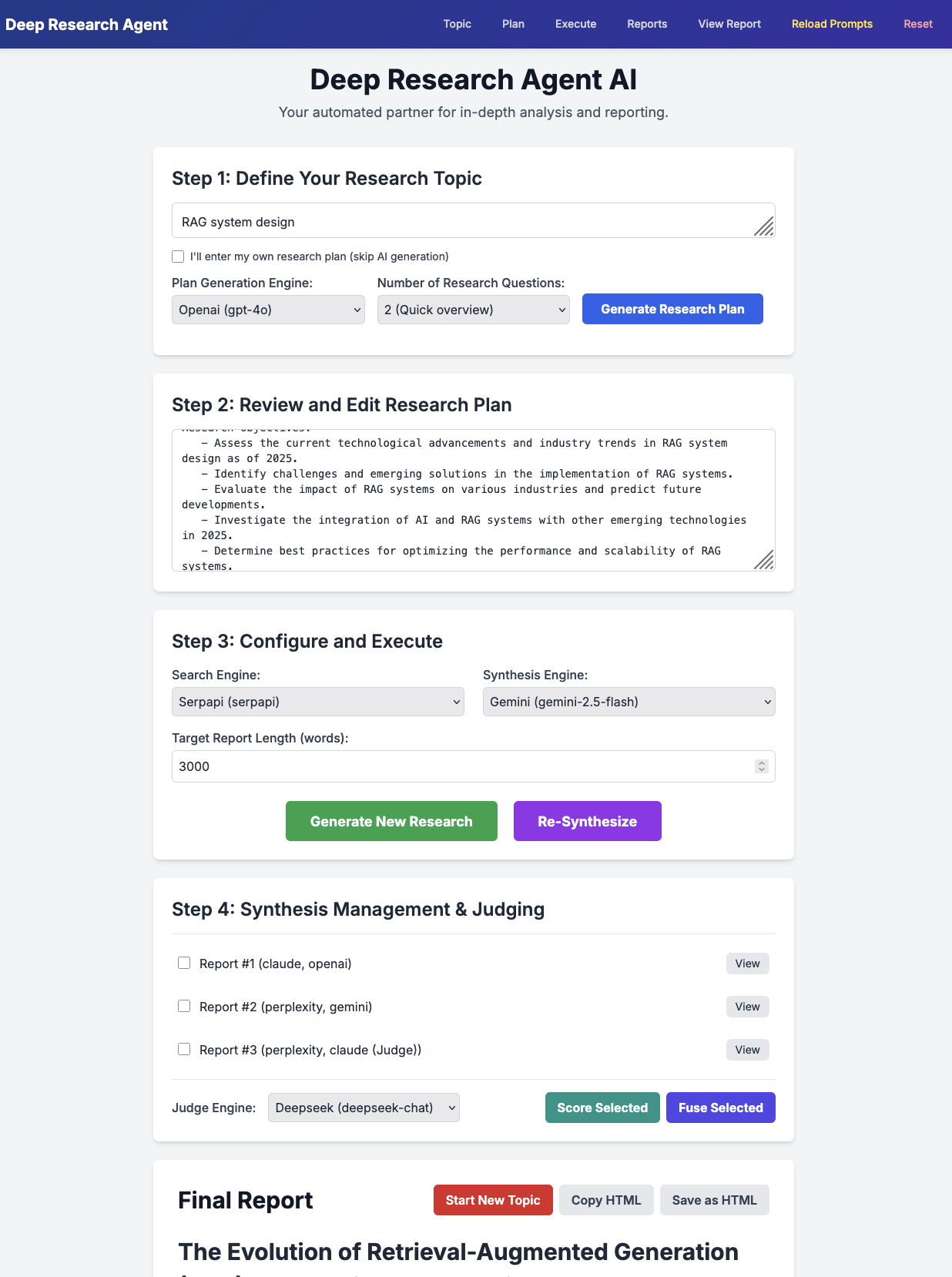 Screenshot of the research workflow from planning to judging