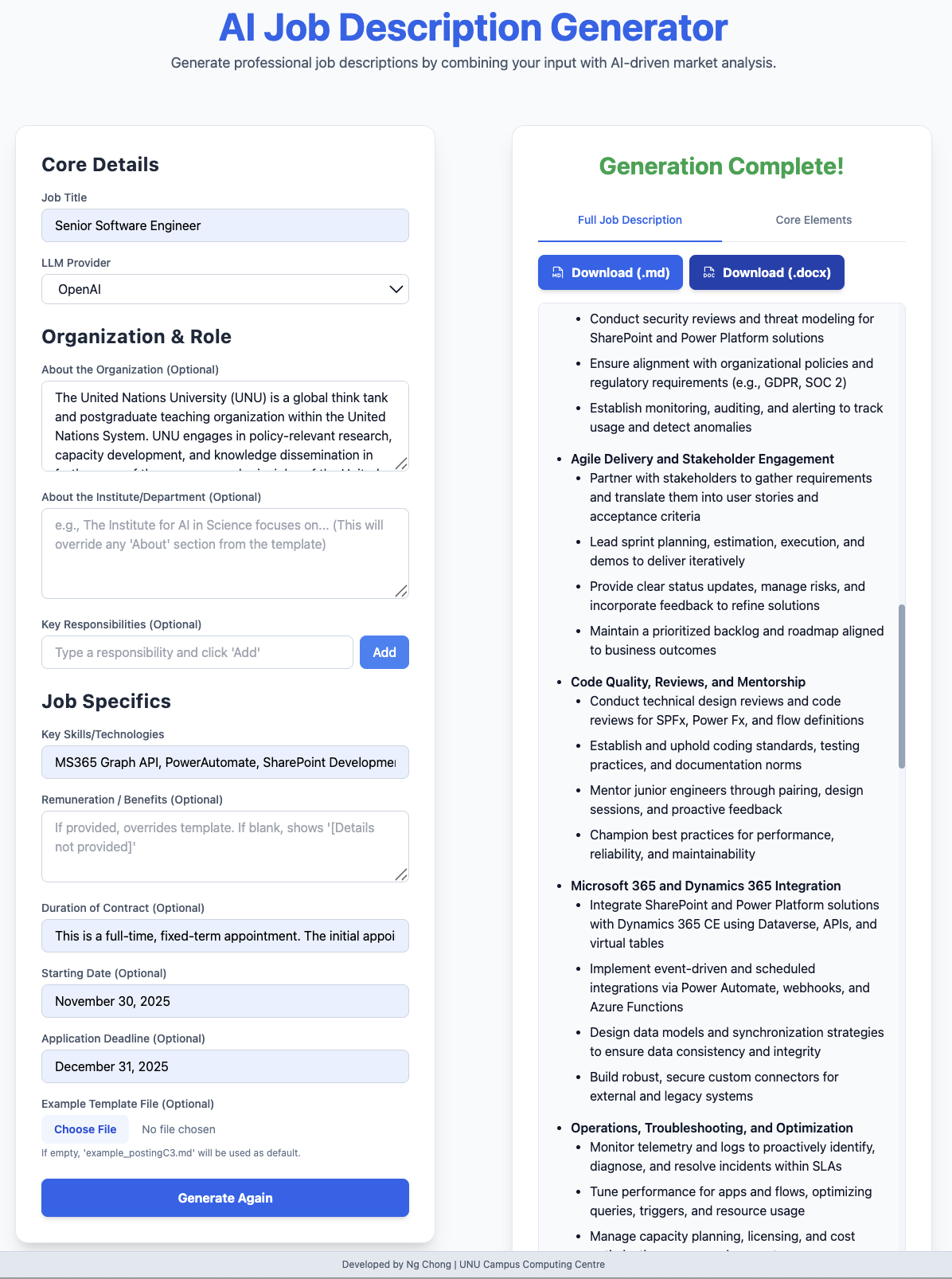 Screenshot of the AI Job Description Generator user interface, showing input fields and output preview area.