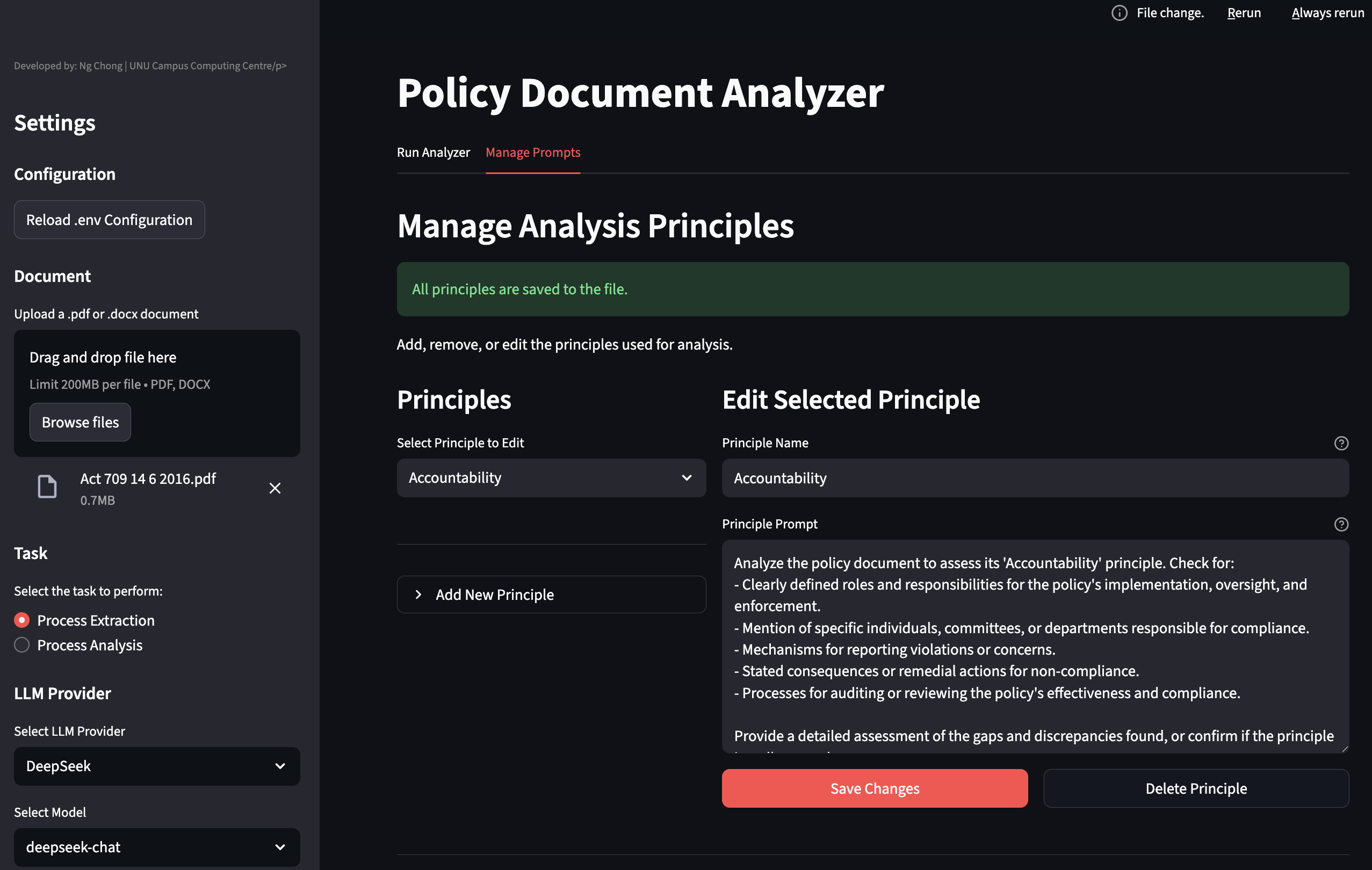 User Interface Screenshot - The main Streamlit dashboard showing document upload and model settings.